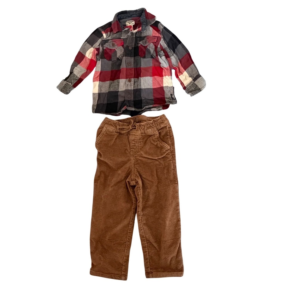 Boys 3T Fall Outfit Oshkosh Plaid Flannel Shirt & Cat Jack Brown Corduroy Pants